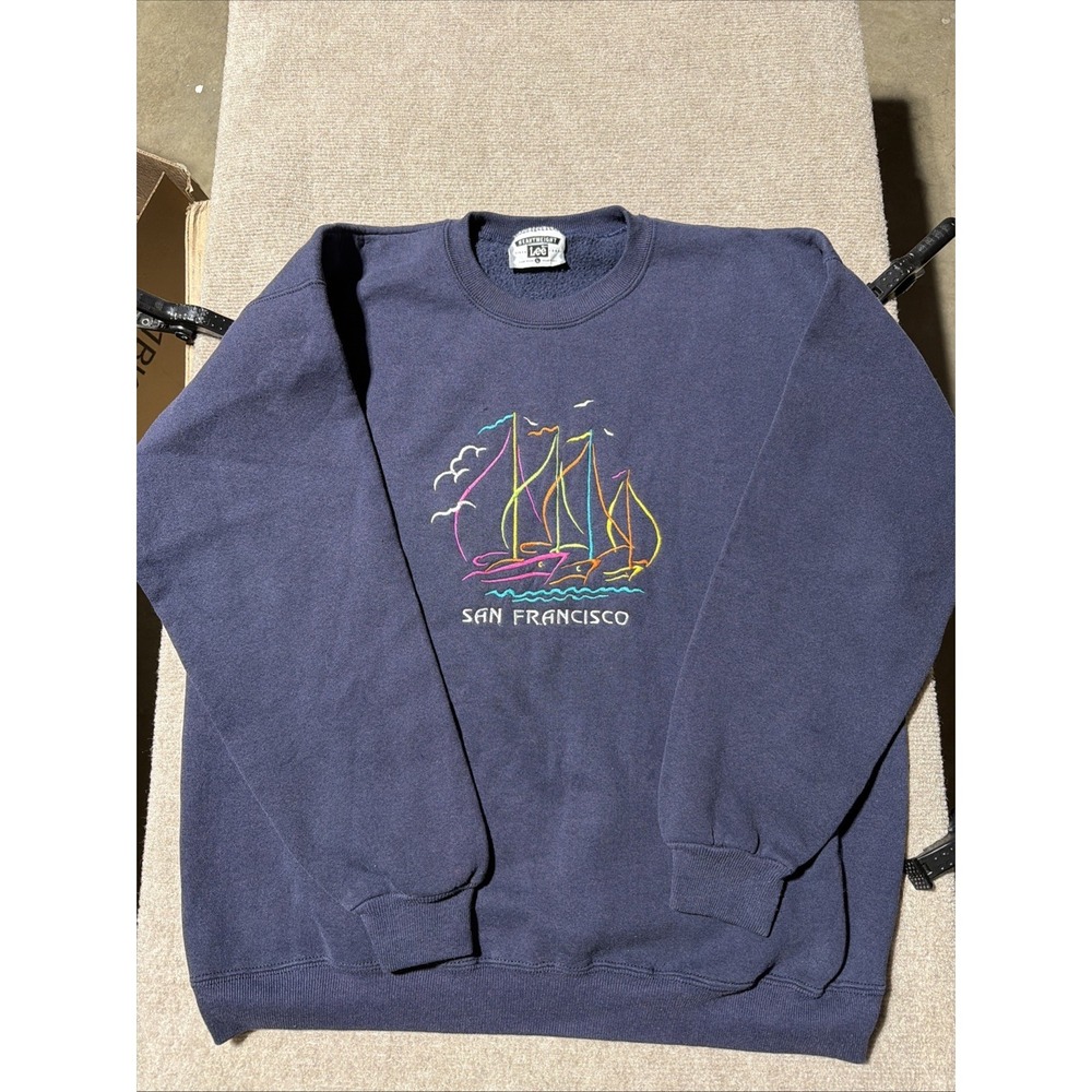Vintage Heavyweight LEE Brand Pull Over San Francisco Blue Sweater Size Large - Picture 2 of 10